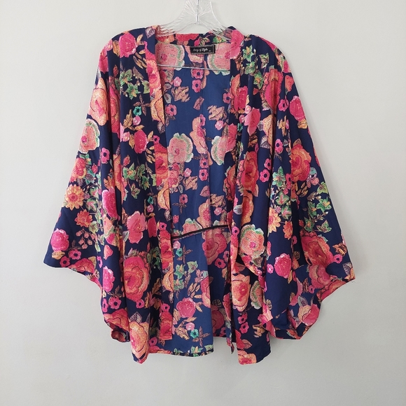 Song of Style cardigan Medium blue pink floral kimono sleeves lightweight - Picture 1 of 10